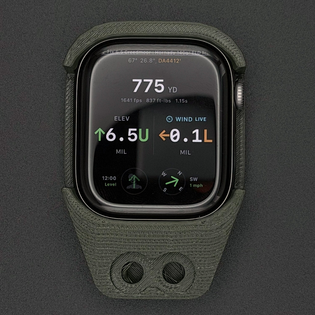 Military Green watch mount holding an Apple Watch, front