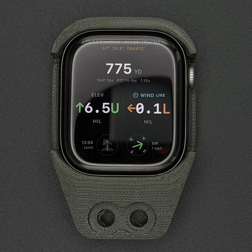 Military Green watch mount holding an Apple Watch, front