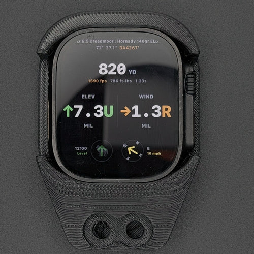 Black watch mount holding an Apple Watch Ultra, front