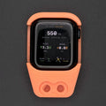 Orange watch mount holding an Apple Watch, front