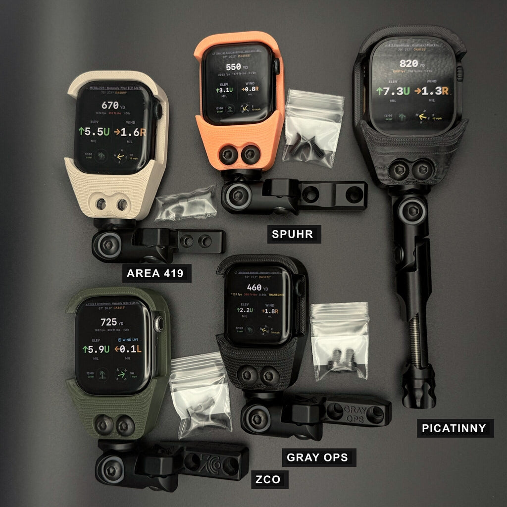 Hawk Hill holders, labelled: Area 419, Spuhr, Picatinny, ZCO, Gray Ops