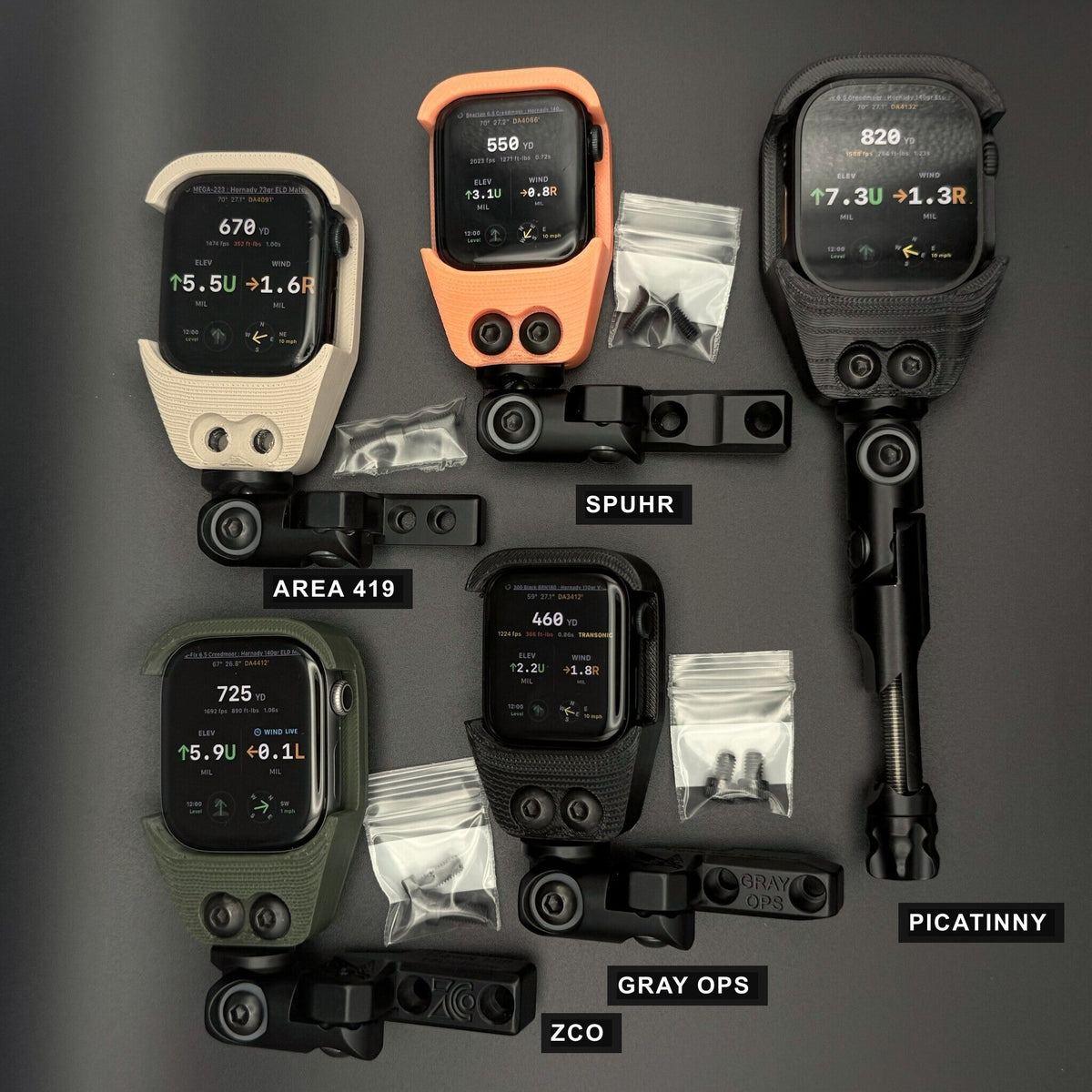 Hawk Hill holders, labelled: Area 419, Spuhr, Picatinny, ZCO, Gray Ops