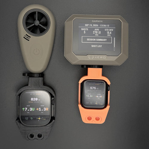 Data Holder Watch Mount+ carrying a wind meter and a Garmin Xero