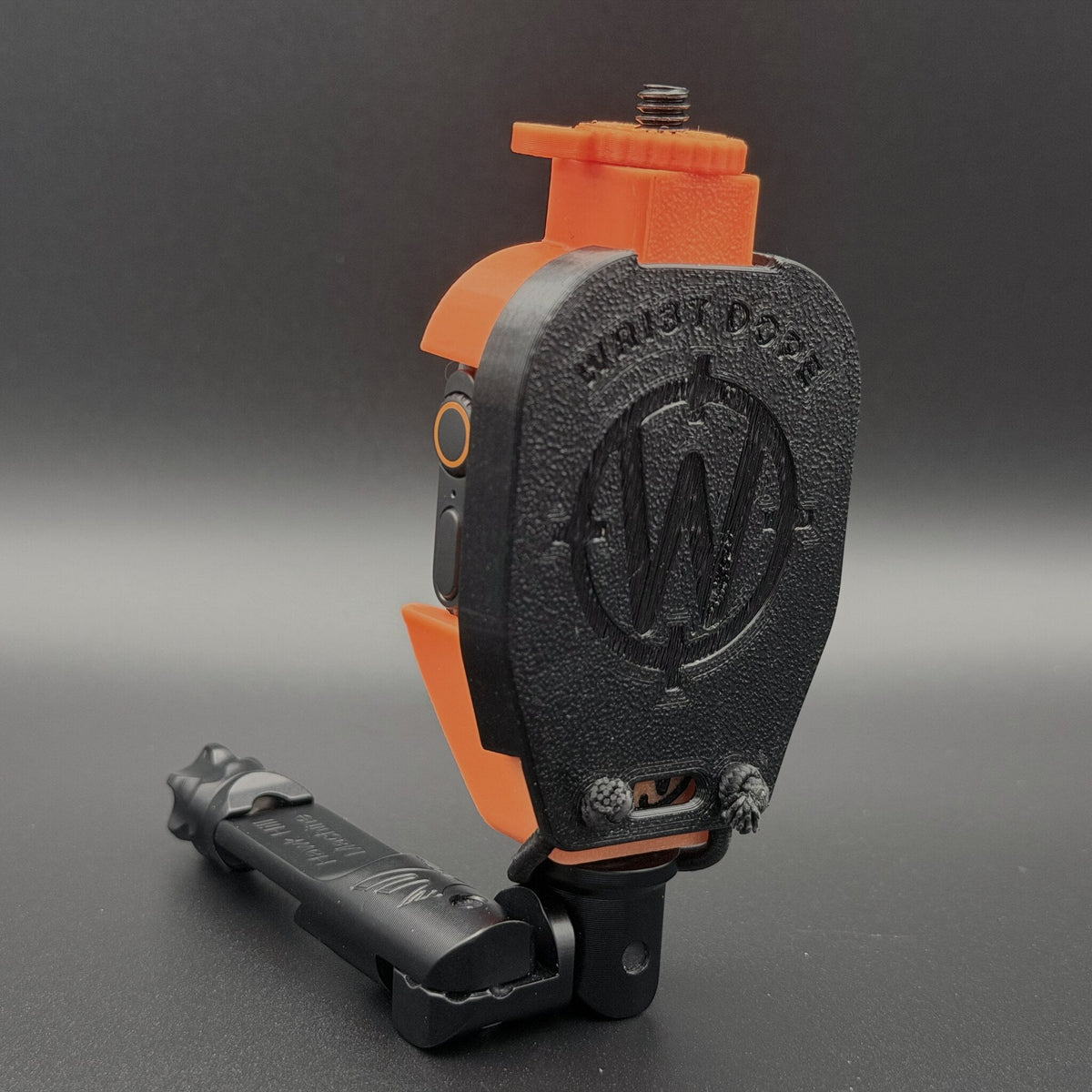 Cover fitted over a Data Holder Watch Mount+ on a Hawk Hill holder, three-quarter view