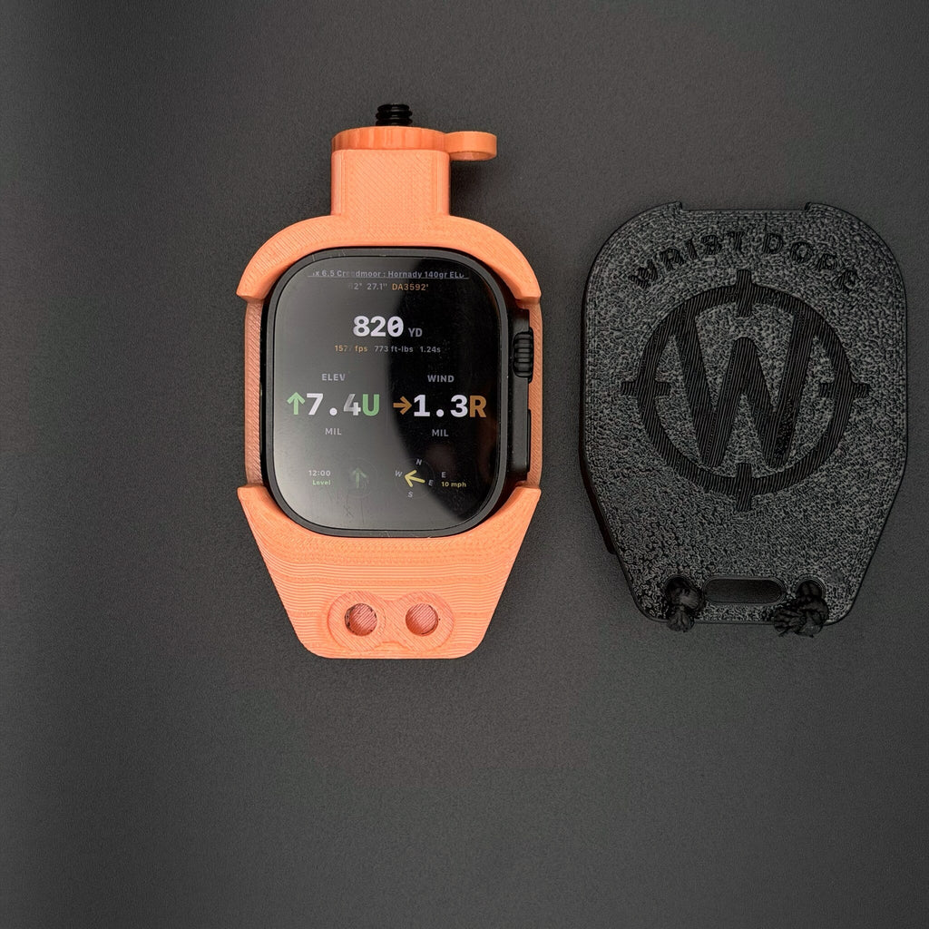 Orange Data Holder Watch Mount+ holding an Apple Watch Ultra, with its cover
