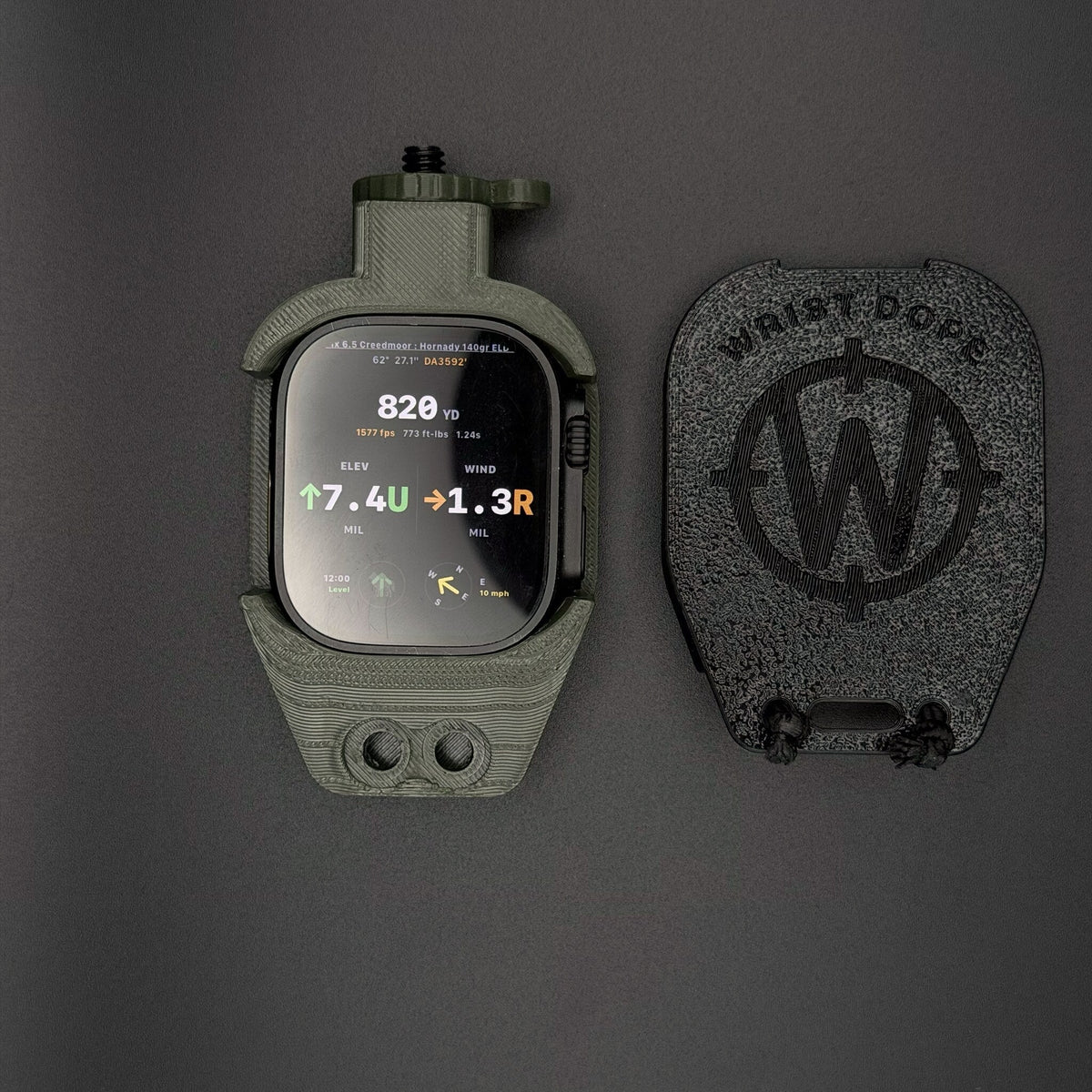Military Green Data Holder Watch Mount+ holding an Apple Watch Ultra, with its cover