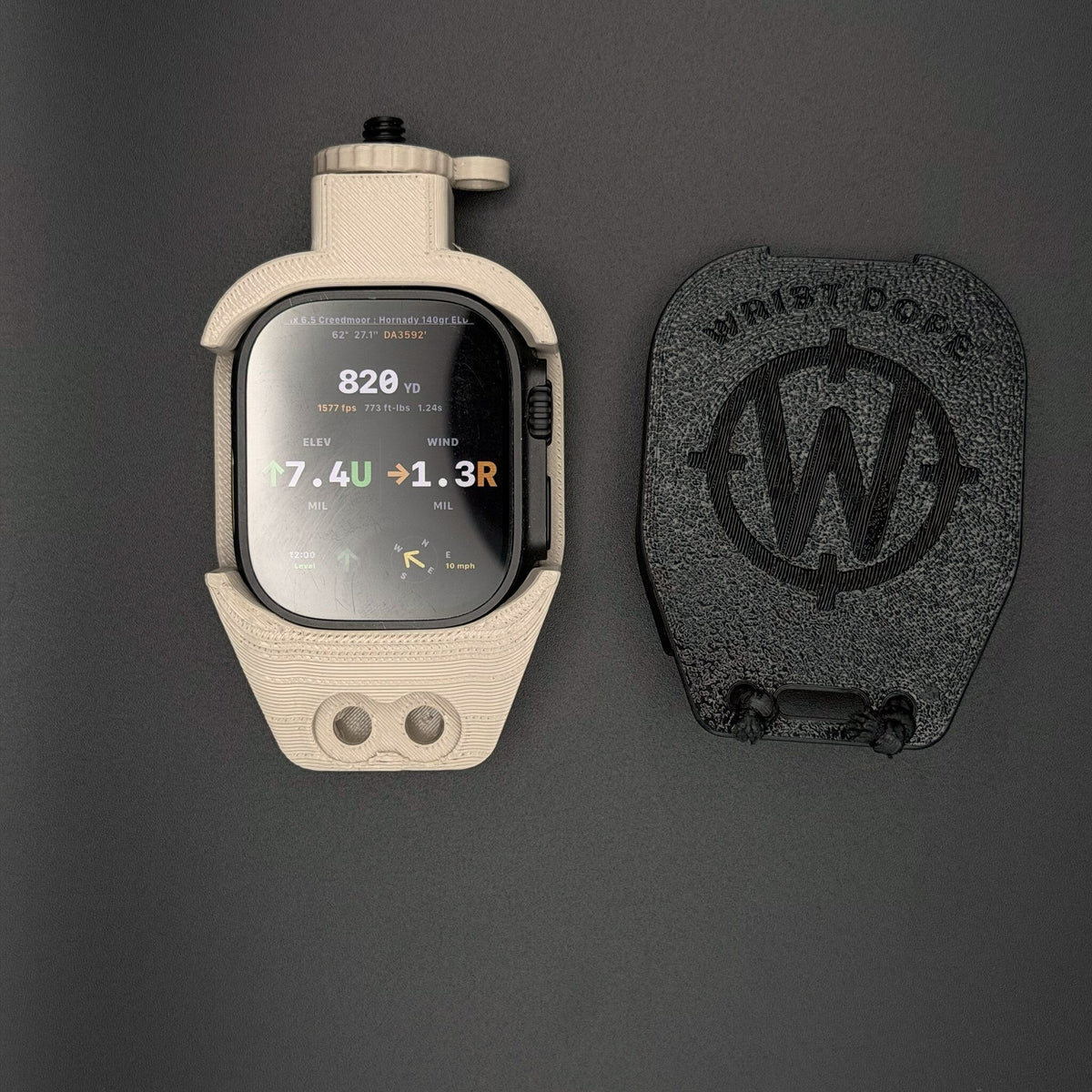 Desert Sand Data Holder Watch Mount+ holding an Apple Watch Ultra, with its cover