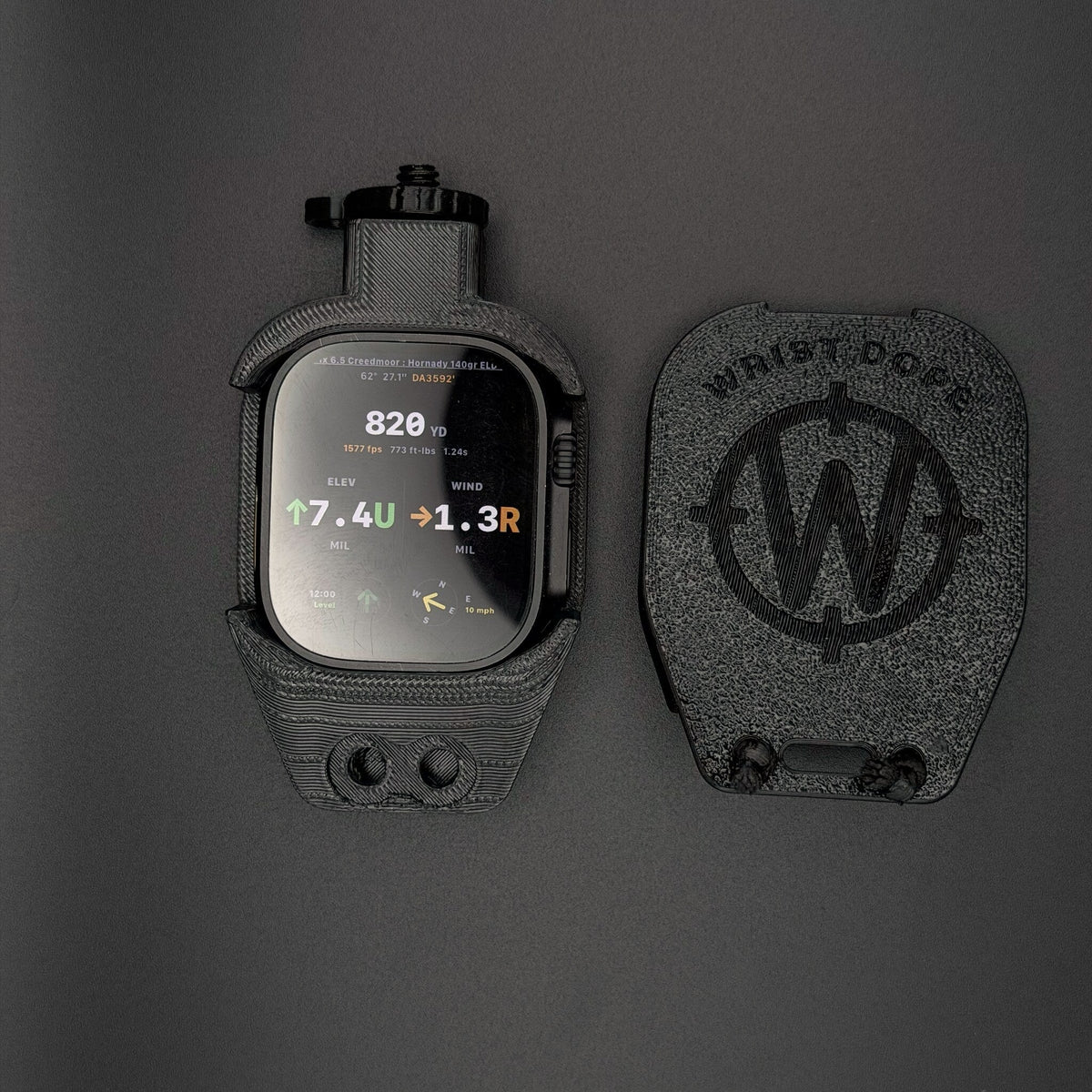 Black Data Holder Watch Mount+ holding an Apple Watch Ultra, with its cover