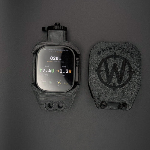 Black Data Holder Watch Mount+ holding an Apple Watch Ultra, with its cover