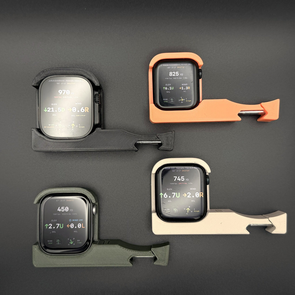 Pic Rail Watch Mounts in all four colors with watches