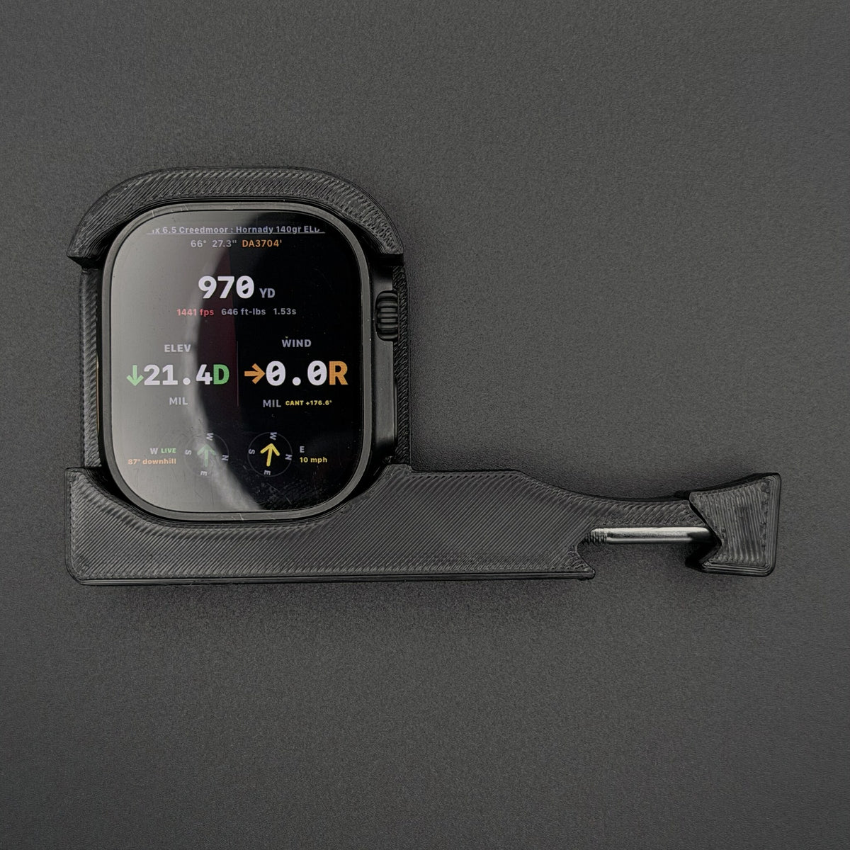 Black Pic Rail Watch Mount holding an Apple Watch Ultra