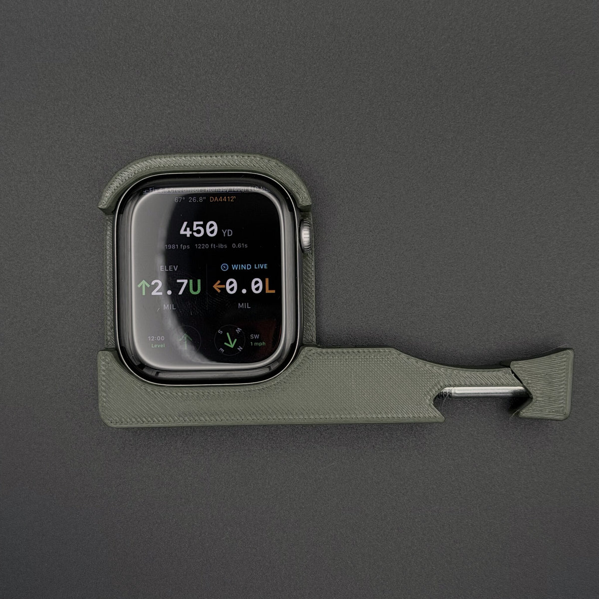 Military Green Pic Rail Watch Mount holding an Apple Watch