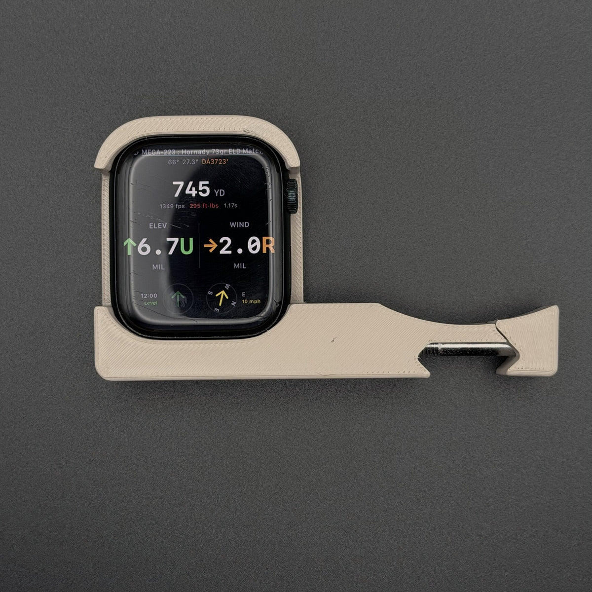 Desert Sand Pic Rail Watch Mount holding an Apple Watch