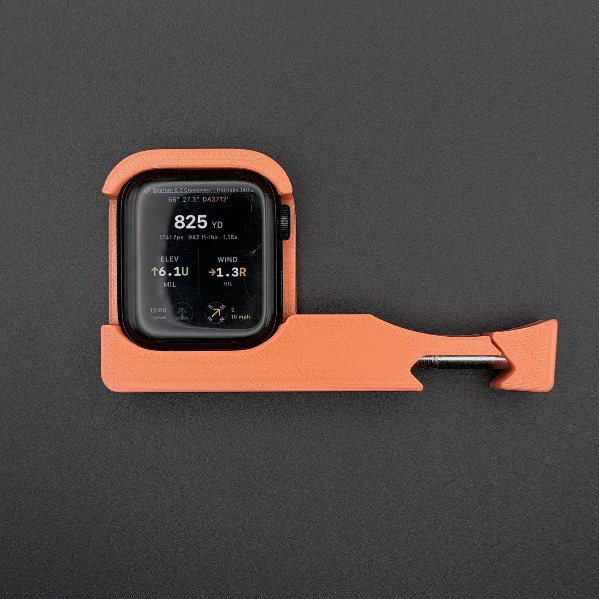 Orange Pic Rail Watch Mount holding an Apple Watch