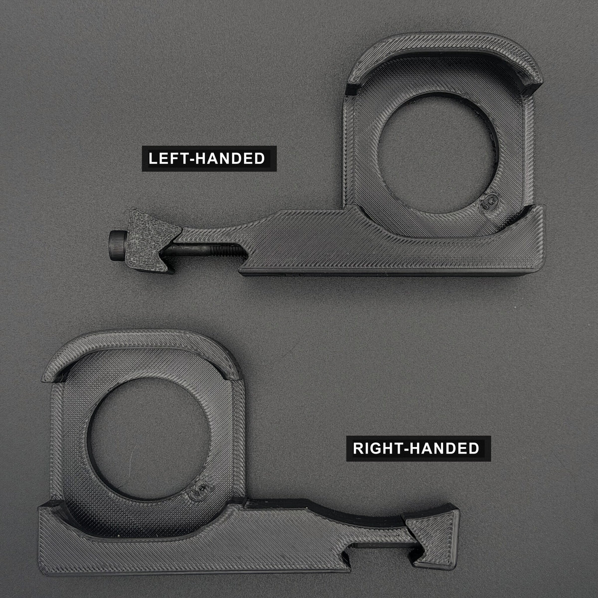 Left-handed and right-handed Pic Rail Watch Mounts, labelled, watch side