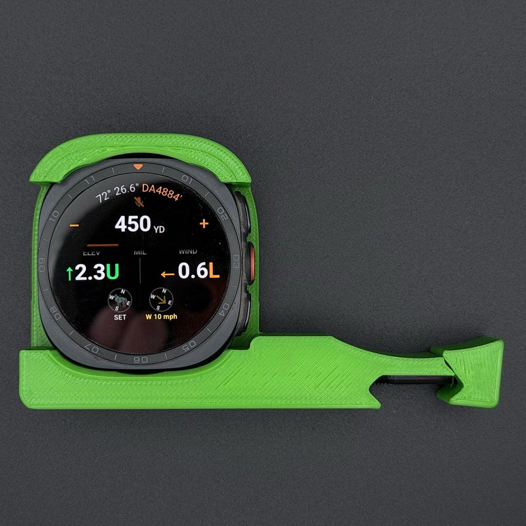 Lime Green Pic Rail Watch Mount holding a Samsung Galaxy Watch Ultra, front