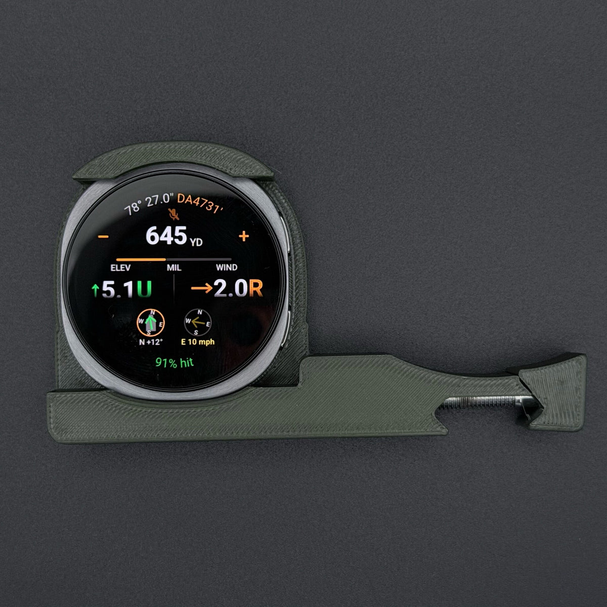 Military Green Pic Rail Watch Mount holding a Samsung Galaxy Watch 8 44 mm, front
