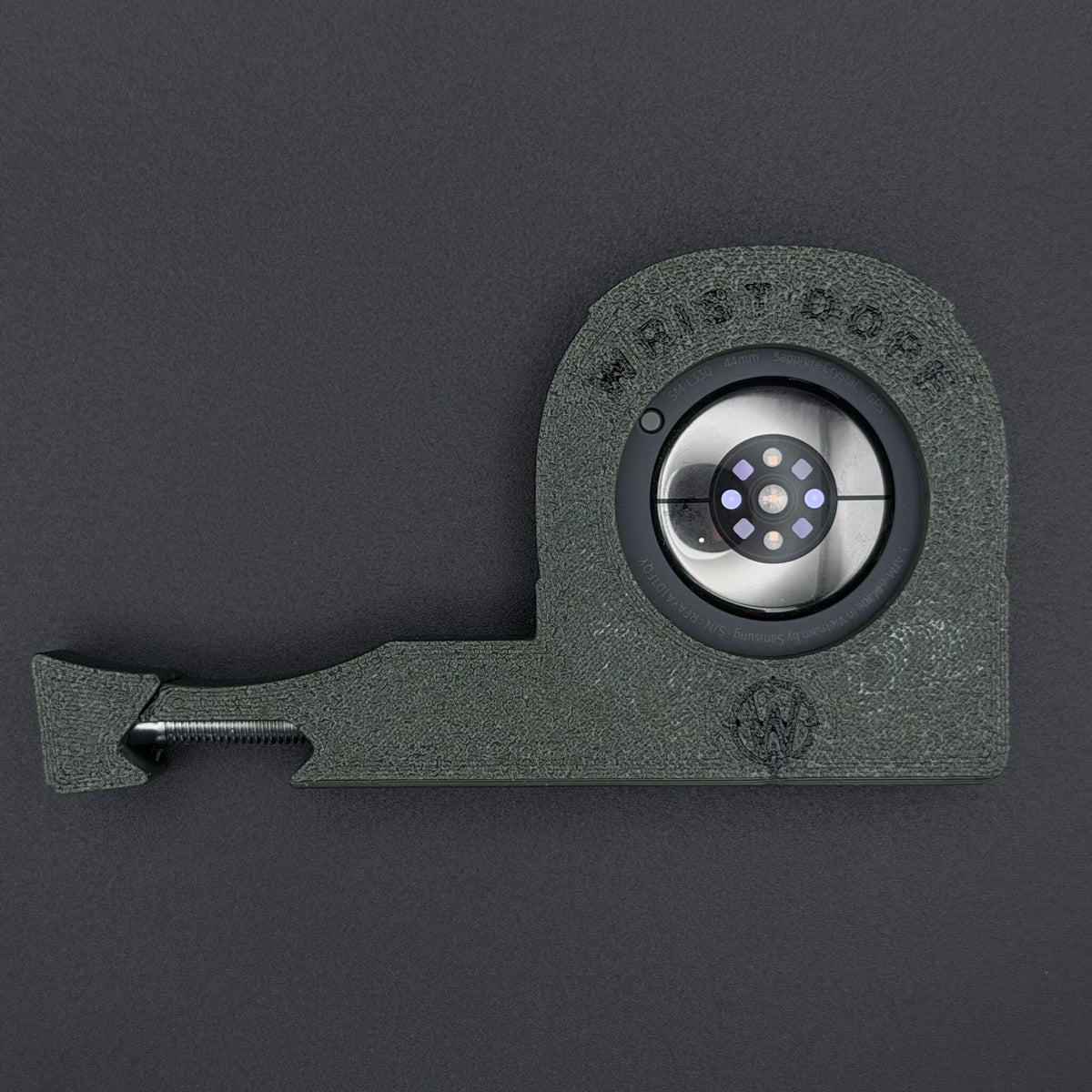 Military Green Pic Rail Watch Mount holding a Samsung Galaxy Watch 8 44 mm, back