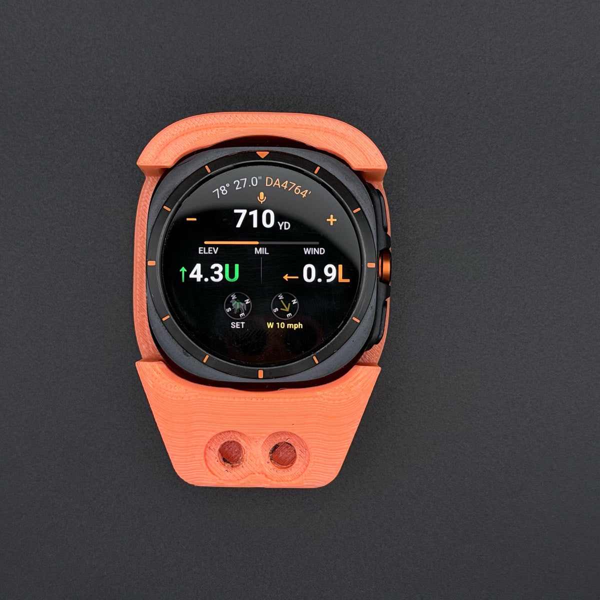 Orange Data Holder Watch Mount holding a Samsung Galaxy Watch Ultra, front
