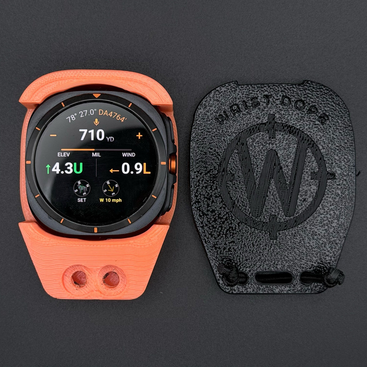 Orange Data Holder Watch Mount holding a Samsung Galaxy Watch Ultra, beside its cover