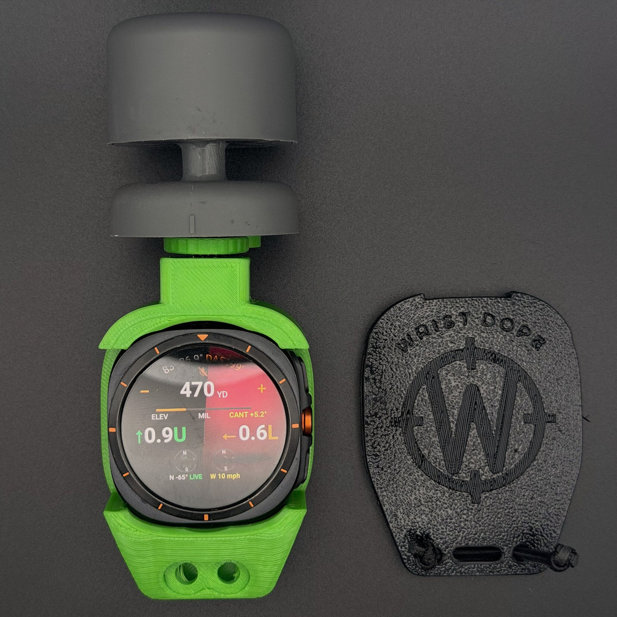 Lime Green Data Holder Watch Mount+ holding a Samsung Galaxy Watch Ultra and carrying a wind meter, beside its cover