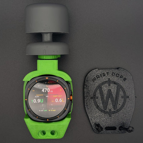 Lime Green Data Holder Watch Mount+ holding a Samsung Galaxy Watch Ultra and carrying a wind meter, beside its cover